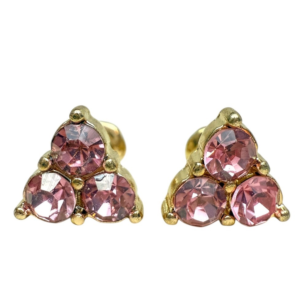 Pink Triangle Cluster Rhinestone Stud Earrings Gold Tone Fashion Jewelry 3/8 in